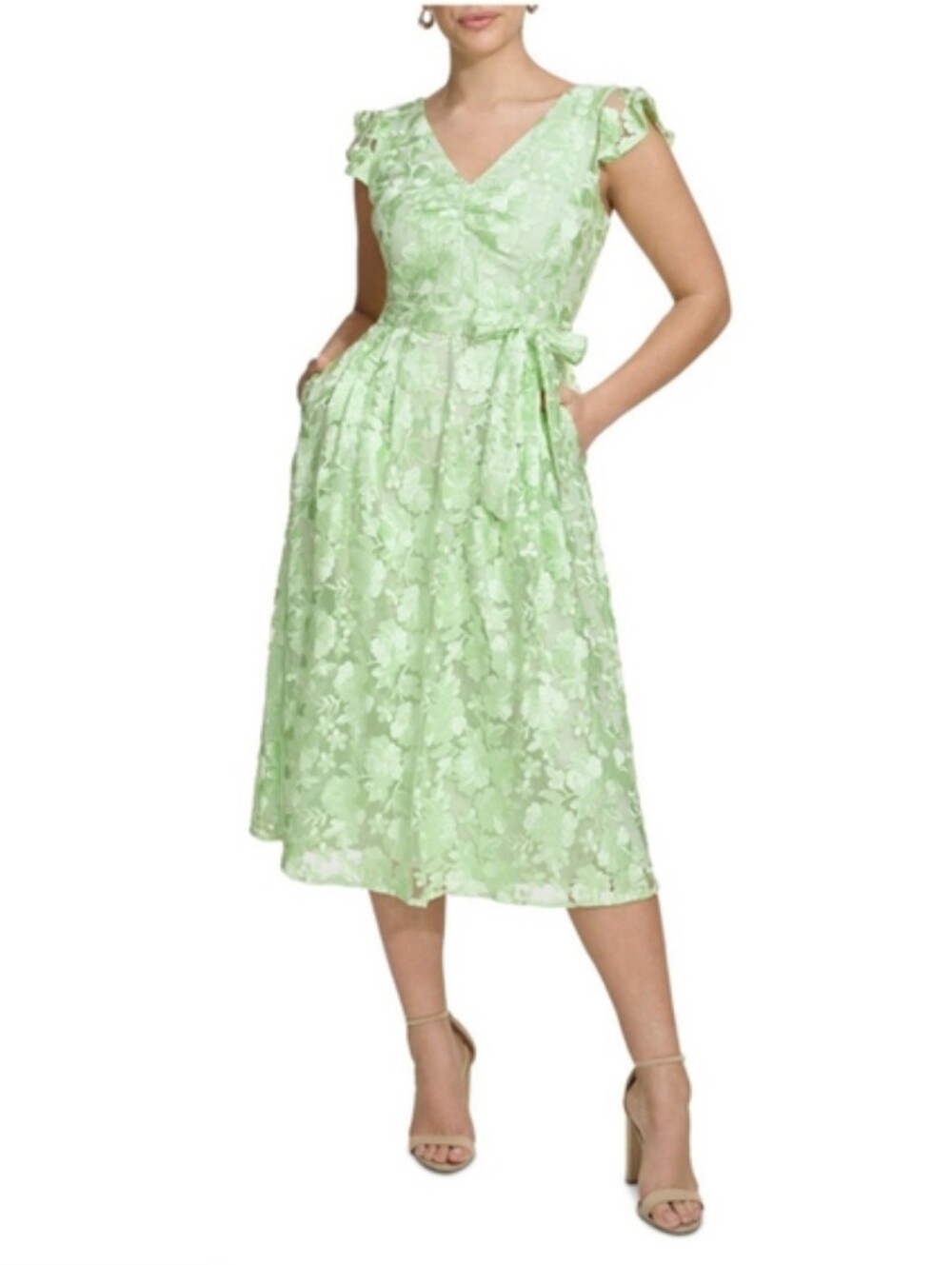 Kensie Light Green Floral V-Neck Midi Dress with Tie Waist
